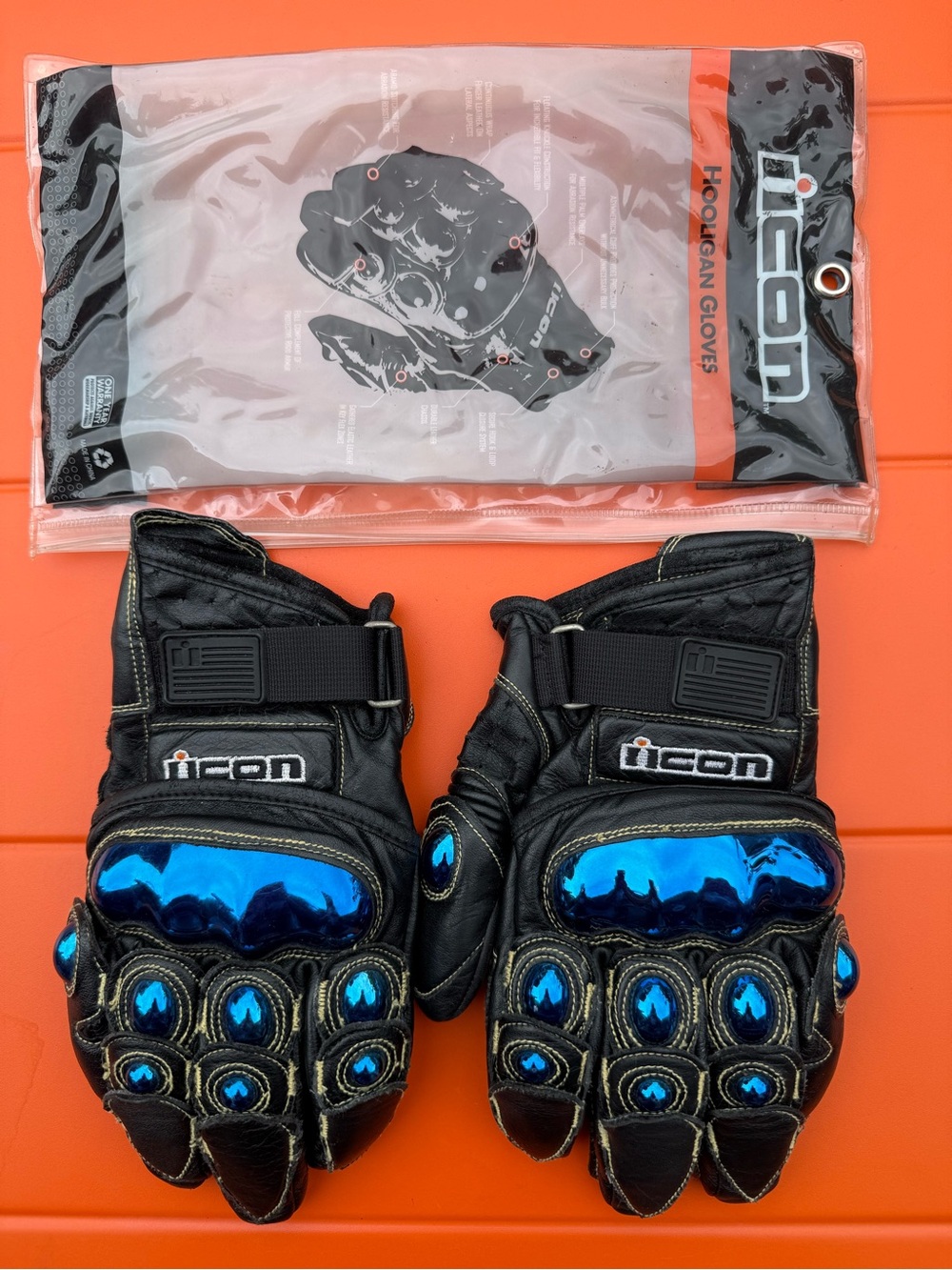 ICON Black Motorcycle Gloves with Blue Mirrored Knuckle Armor XL
